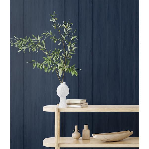 Naval Blue Faux Wood Panel Prepasted Paper Wallpaper Roll