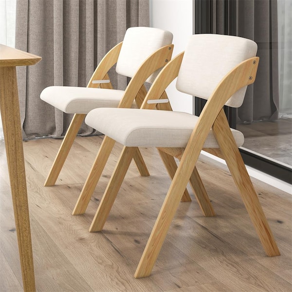 Beige Portable Wooden Folding Dining Chairs with Backrest Space Saving For Office Wedding Party Picnic (Set of 2)