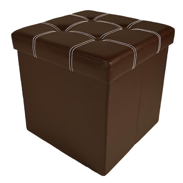 ACHIM 15 in. x 15 in. x 15 in. Brown Faux Leather Cube Collapsible Tufted Storage Ottoman