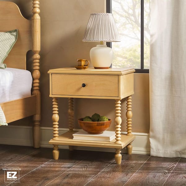 Walker Edison Furniture Company Modern Farmhouse Easy Assembly Natural 1-Drawer 22 in. W Solid Wood Spindle-Detailing Nightstand