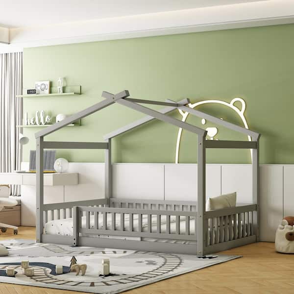 Harper & Bright Designs Gray Full Size Wood House Bed with Fence Guardrails