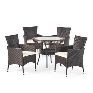 Kendricks Brown 5-Piece Metal and Resin Faux Rattan Outdoor Patio Dining Set with Beige Cushions