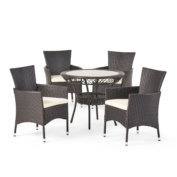 Noble House Kendricks Brown 5-Piece Metal and Resin Faux Rattan Outdoor Patio Dining Set with Beige Cushions