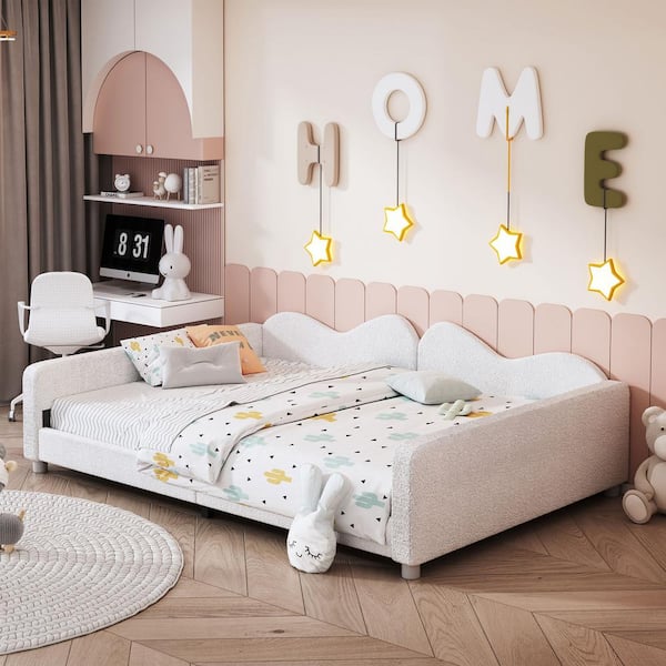 White Wood Frame Full Size Upholstered Platform Bed with Cloud-Shaped Backrest, No Box-Spring Needed