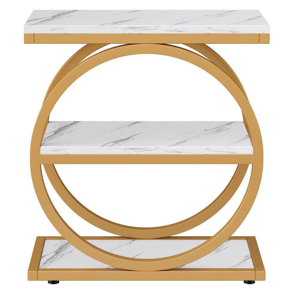 24 in. White Rectangle Wood End Table with 3 Tiers Storage Shelves and Adjustable Foot Pads, easy Assembly