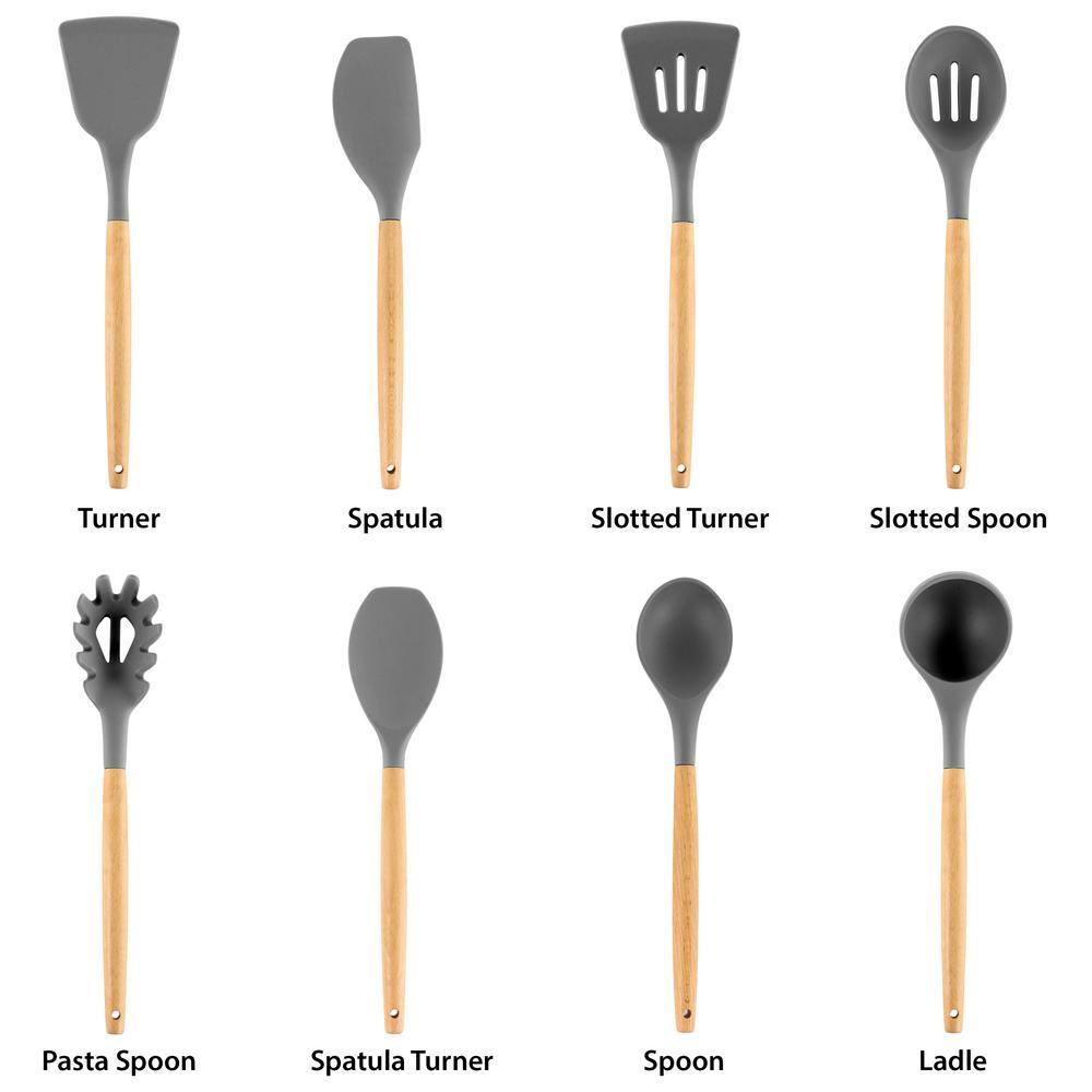 Gray Silicone and Wood 9-Piece Cooking Utensil Set