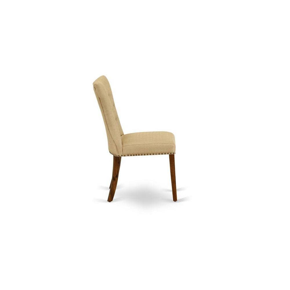 Natural Rubber Wood Round Dining Table Set with Beige Linen Chairs