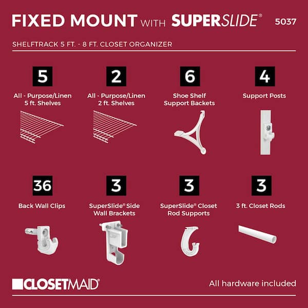 ClosetMaid - SuperSlide Closet Organizer Kit with Shoe Shelf 5' - 8' W  Fixed Mount, White