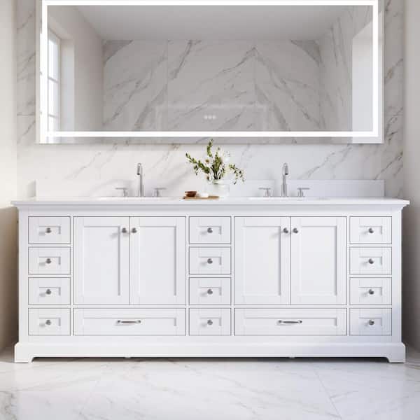 84 in. W Solid Wood Bath Vanity in White with White Cultured Marble Top, Double Sink, 14 Soft-Close Drawers, Assembled