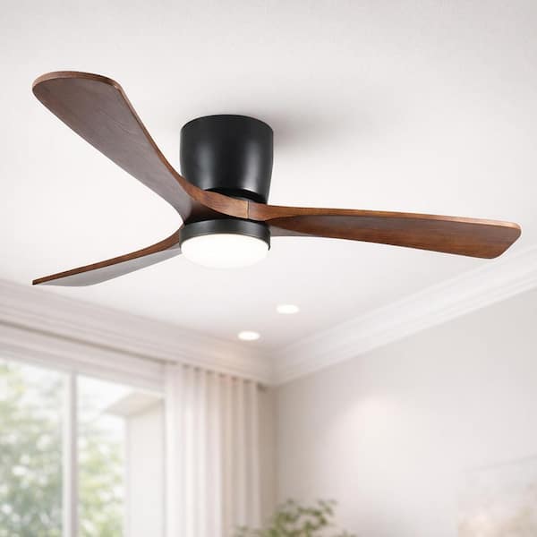 52 in. Integrated LED Indoor Flush Mount Matte Black Standard Ceiling Fan with Dimmable Light and Remote DC Motor
