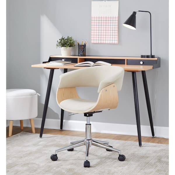 Lumisource Vintage Mod Fabric Adjustable Height Office Chair in Cream Fabric, Natural Wood and Chrome Metal with 5-Star Caster Base