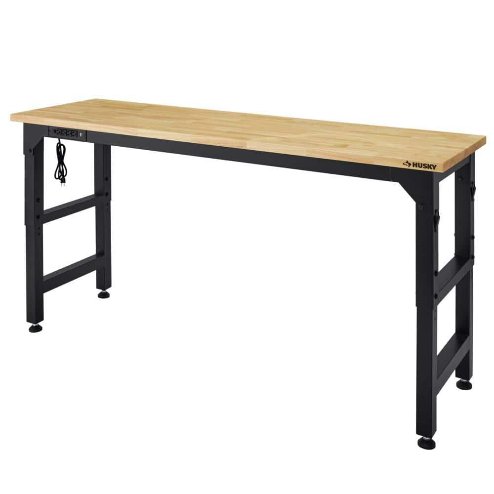 Husky 76 in. Adjustable Height Solid Wood Top Workbench in Black for Extra Wide Heavy Duty Welded Steel Garage Storage System