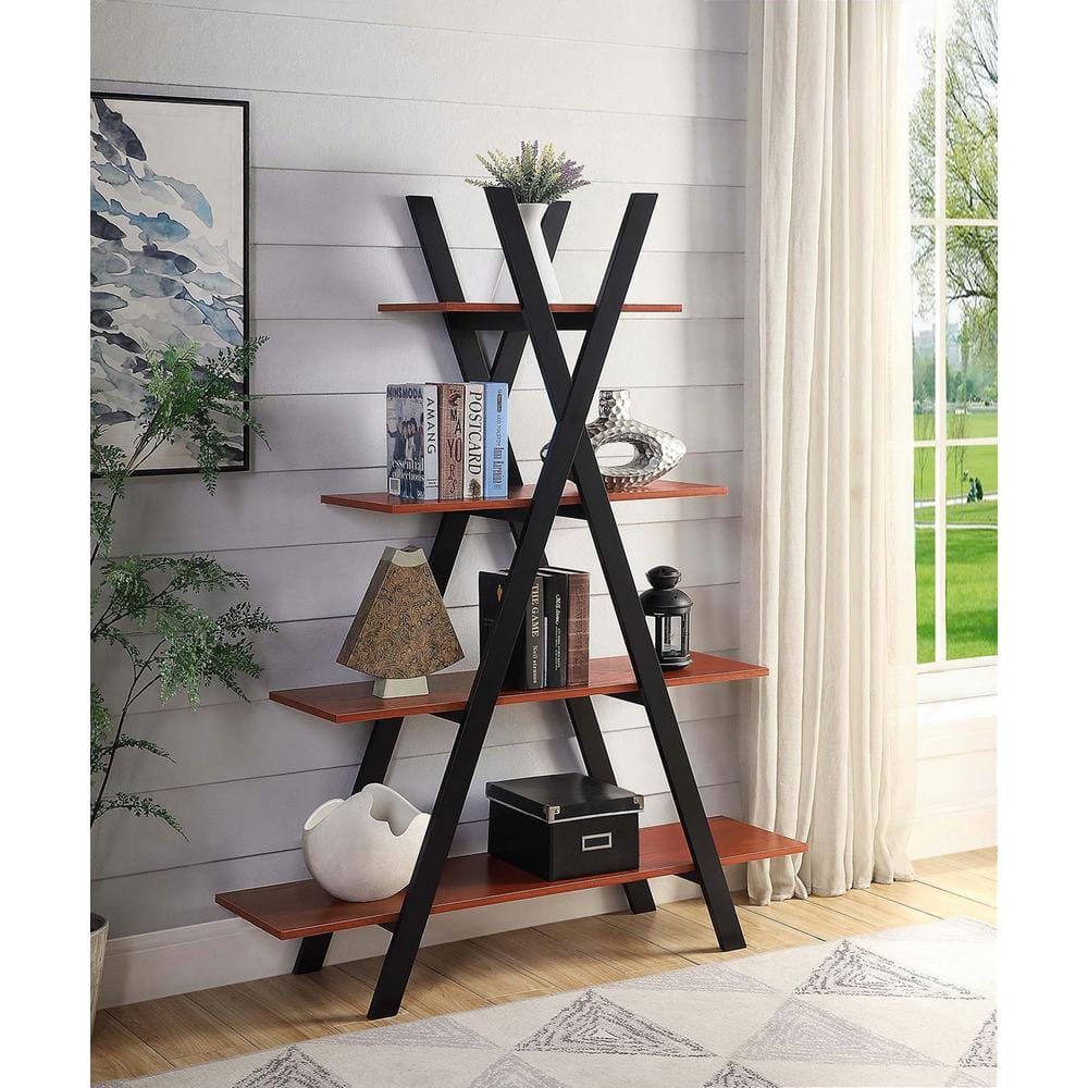 Cherry and Black Wood A-Frame Ladder Bookshelf