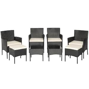 8-Piece Wicker Patio Conversation Set with 2 Coffee Tables and 2 Ottomans Off White Cushion