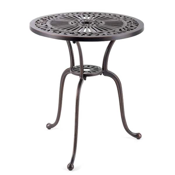 24 in. Round Cast Aluminum Patio Table with Umbrella Hole Powder Coated Rust Resistant Bistro Table Adjustable Feet