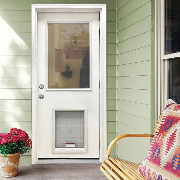 36 in. x 80 in. Reliant Series Clear Half Lite LHOS White Primed Fiberglass Prehung Back Door with Extra Large Pet Door