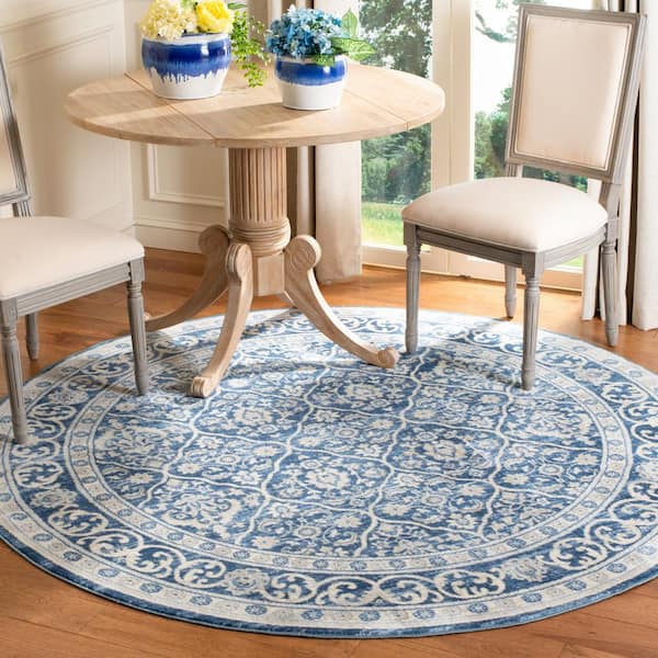 Brentwood Navy/Light Gray 9 ft. x 9 ft. Round Floral Border Geometric Area Rug