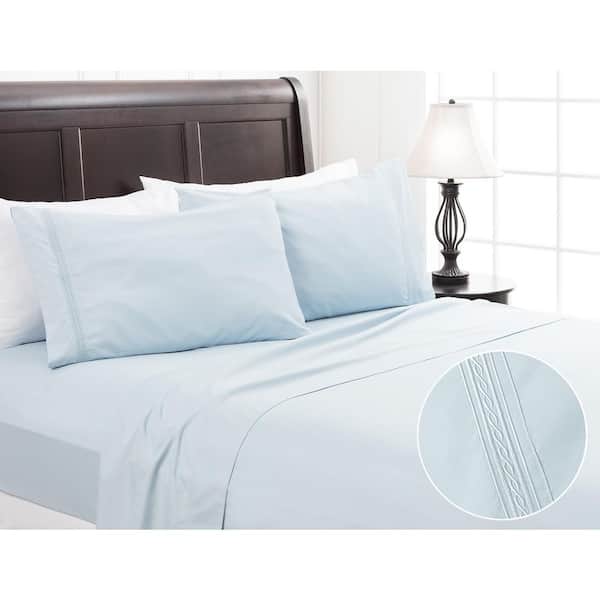 4-Piece Light Blue Solid Color Embroidered Microfiber Bedsheets Set, King