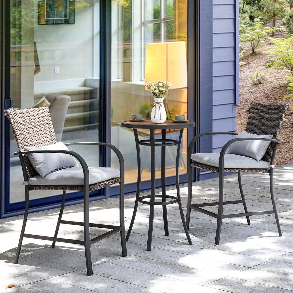 Cesicia Set of 2 PE Rattan Wicker Outdoor Bar Stool with Light Gray