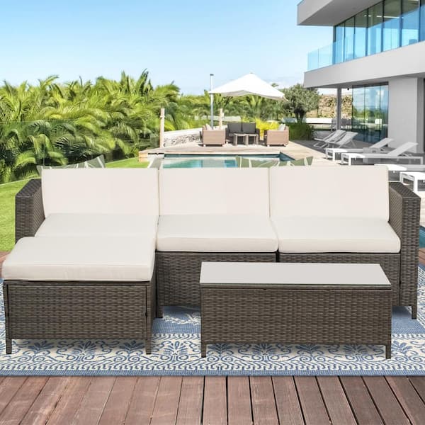 Sudzendf 5-Pieces Outdoor Patio Furniture Set PE Rattan Wicker with Beige Cushions
