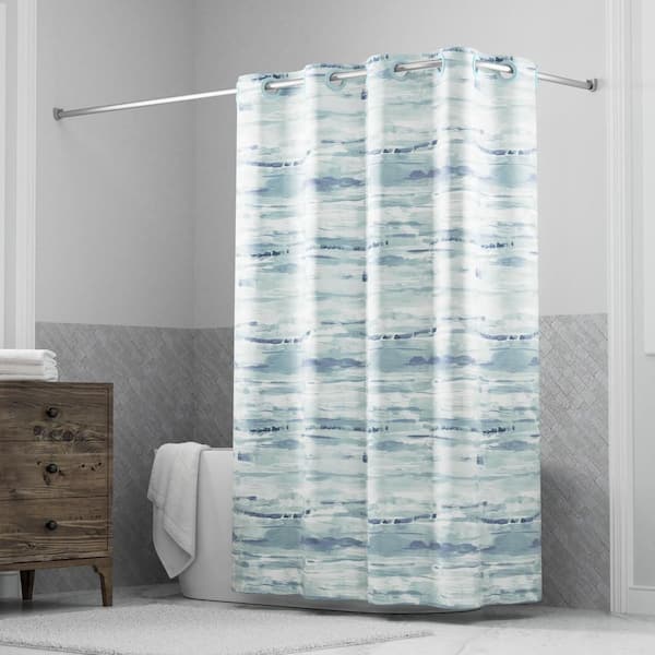 Hookless Faux Silk Shower Curtain with Flex-on Rings and It's a Snap! Fabric Liner, 71" W x 74" L, Stripe, Blue