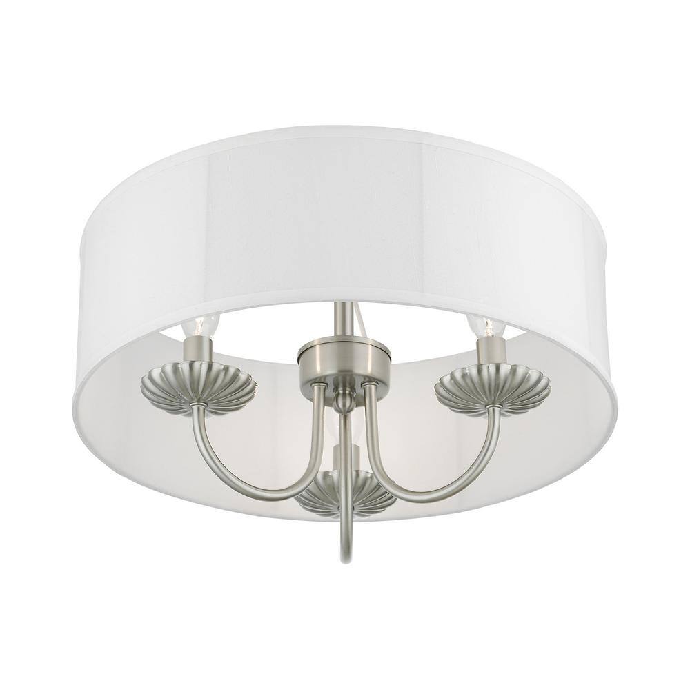 Brookdale Brushed Nickel 3-Light Semi-Flush Mount with Off-White Drum Shade