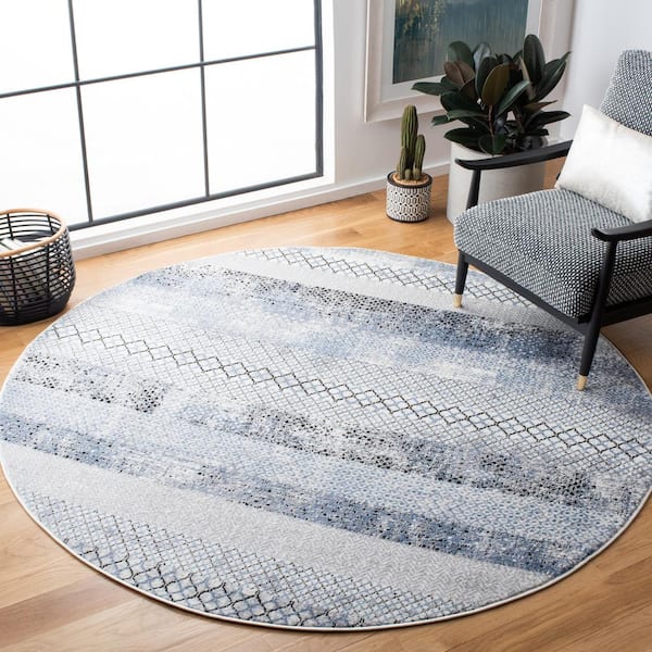 Amelia Gray/Light Blue 8 ft. x 8 ft. Geometric Distressed Round Area Rug
