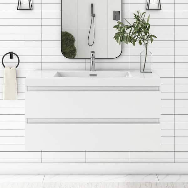 JimsMaison 42 in. W x 20 in. D x 22 in. H Single Sink Floating Bath Vanity in White with Glossy White Resin Top