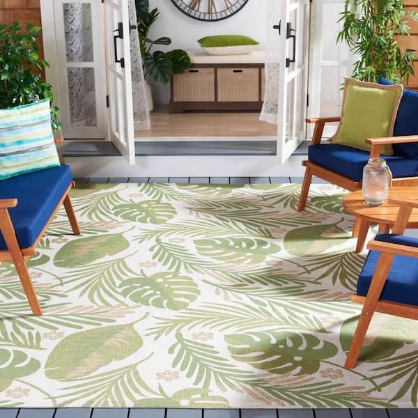 Courtyard Ivory/Green 7 ft. x 7 ft. Leaves Modern Indoor/Outdoor Square Area Rug