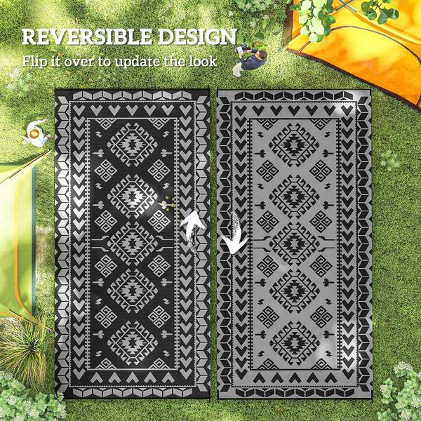 Outsunny - Black and Gray Rhombus Patchwork 9 ft. x 18 ft. Waterproof Plastic Reversible Outdoor Rug Large Straw Floor Mat Area Rug