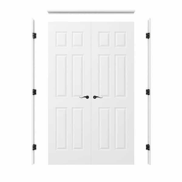 48 in. x 80 in. 6-Panel Universal-Handed Painted Solid Core Wood Double Prehung French Door + Quick Assemble Jamb