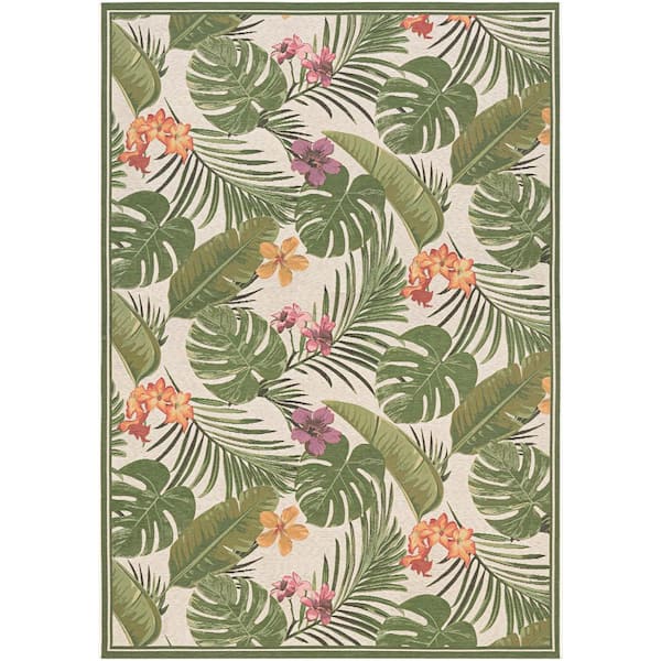 Couristan Dolce Flowering Fern Ivory-Hunter Green 4 ft. x 6 ft. Indoor/Outdoor Area Rug
