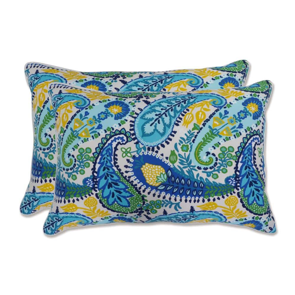 Amalia Blue and Green Paisley Rectangular Outdoor Lumbar Pillow Set