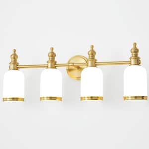 27.75 in. Gold 4-Light Bathroom Vanity Light with Milky White Glass Shades, Dimmable, Suitable for Bathroom Living Room