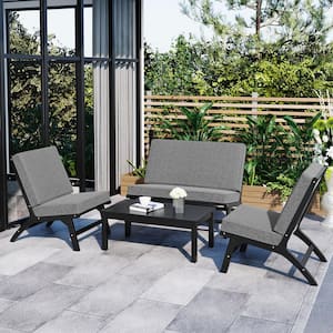 4-Piece Black Acacia Solid Wood V-shaped Outdoor Sectional Sofa Set with Gray Cushions, Garden Furniture