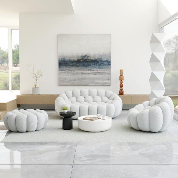 (3-Piece) Bubble Curved Sofa, 78.7 in. Mesh Fabric Floor Loveseat Sectional Sofa Set with Chair and Ottoman in Gray