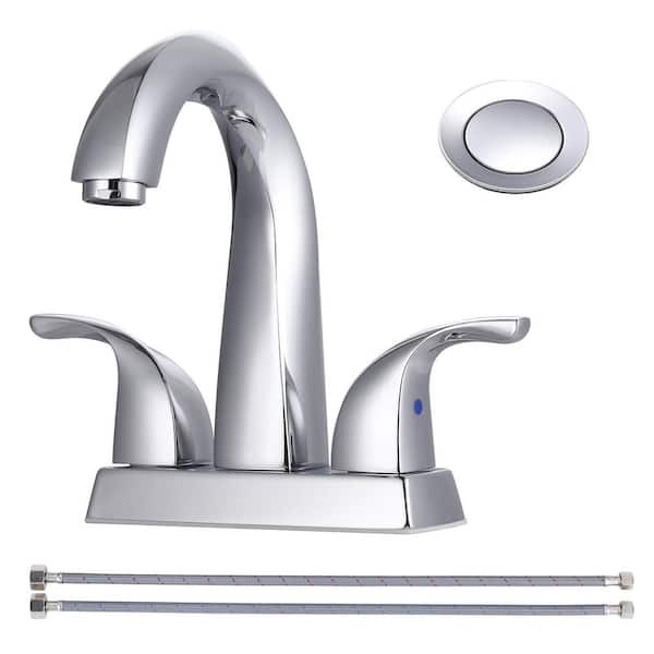 VEVETTA 4 in. Centerset Double Handle Stainless Steel Bathroom Faucet with Drain Assembly and Supply Hose in Polished Chrome