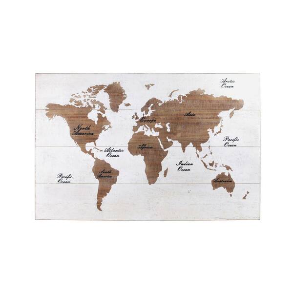 Benjara White and Brown World Map Printed Rectangular Decorative Sign