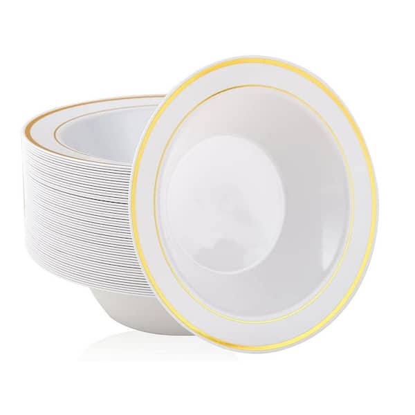 12 fl. oz. White Gold Rim White Plastic Dessert Salad Soup Bowls Disposable Party Kitchen (Set of 50)