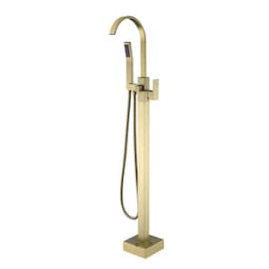 ACA Single-Handle Freestanding Floor Mount Tub Filler Faucet with Hand Shower in Brushed gold