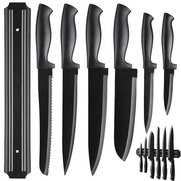 Numhew 7-Piece Black Stainless Steel Kitchen Knife Set with No Drilling Magnetic Strip for Cutting Meat and Vegetable