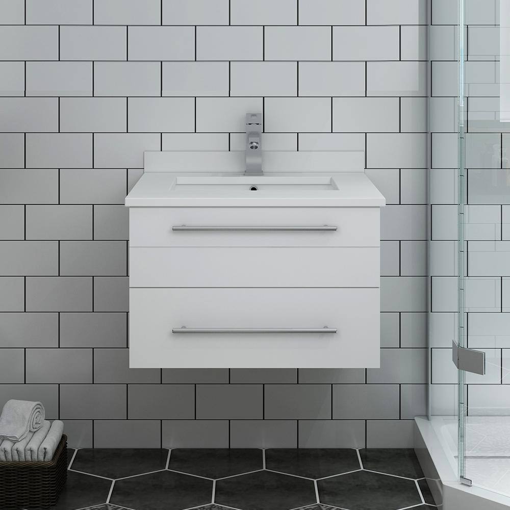 Sleek 24" White Quartz Top Modern Wall-Mounted Vanity with Ceramic Sink