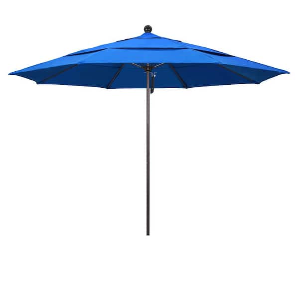 California Umbrella 11 ft. Bronze Aluminum Commercial Market Patio Umbrella with Fiberglass Ribs and Pulley Lift in Royal Blue Olefin