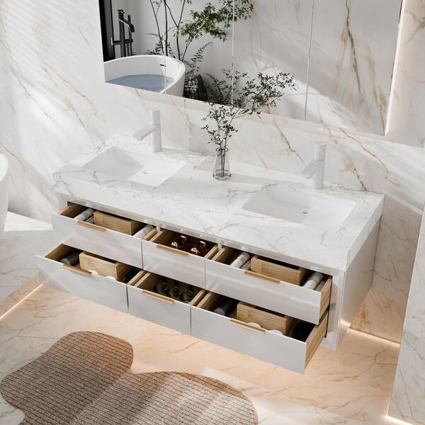 Wenlorin 60 in. Double Sinks Floating White Bath Vanity with White Engineered Marble Top Pre-assembled