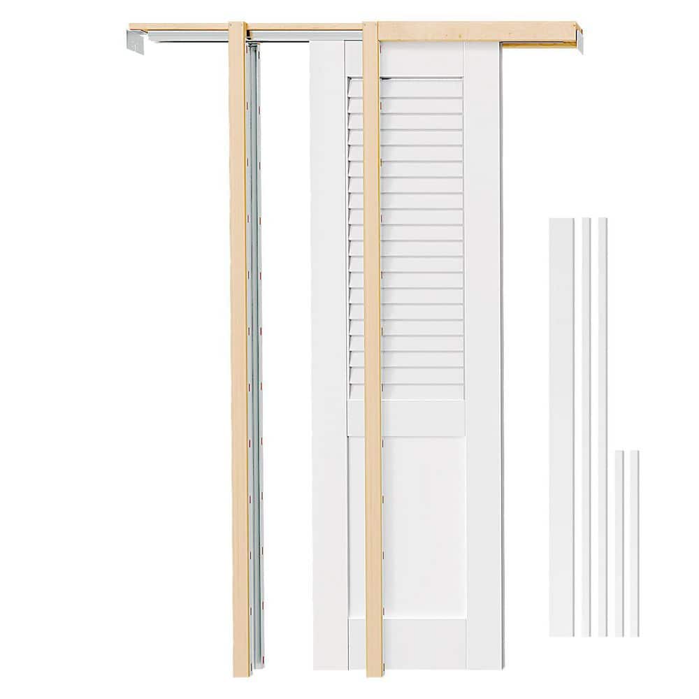 TENONER 32 in. x 80 in. Top-Louver Panel Primed Pine Wood Pocket