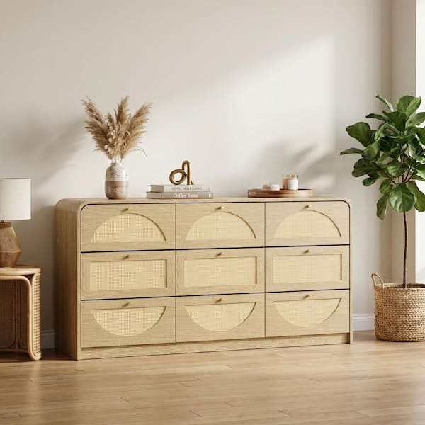 Natural 9-Drawer 59.1 in. W Chest of Drawers with Rattan Front