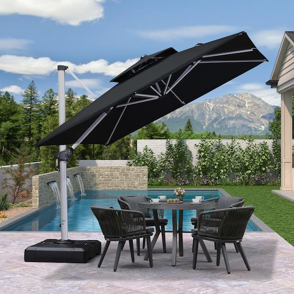 PURPLE LEAF 9 ft. Square High-Quality Aluminum Cantilever Polyester Outdoor Patio Umbrella with Base, Black