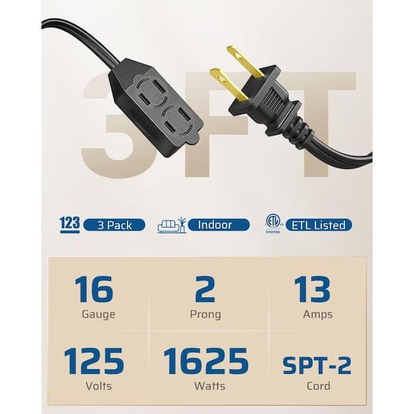 3 ft. 16/3 AWG Indoor Extension Cord with 2-Prong 3 Outlets, Black, 3 Pack