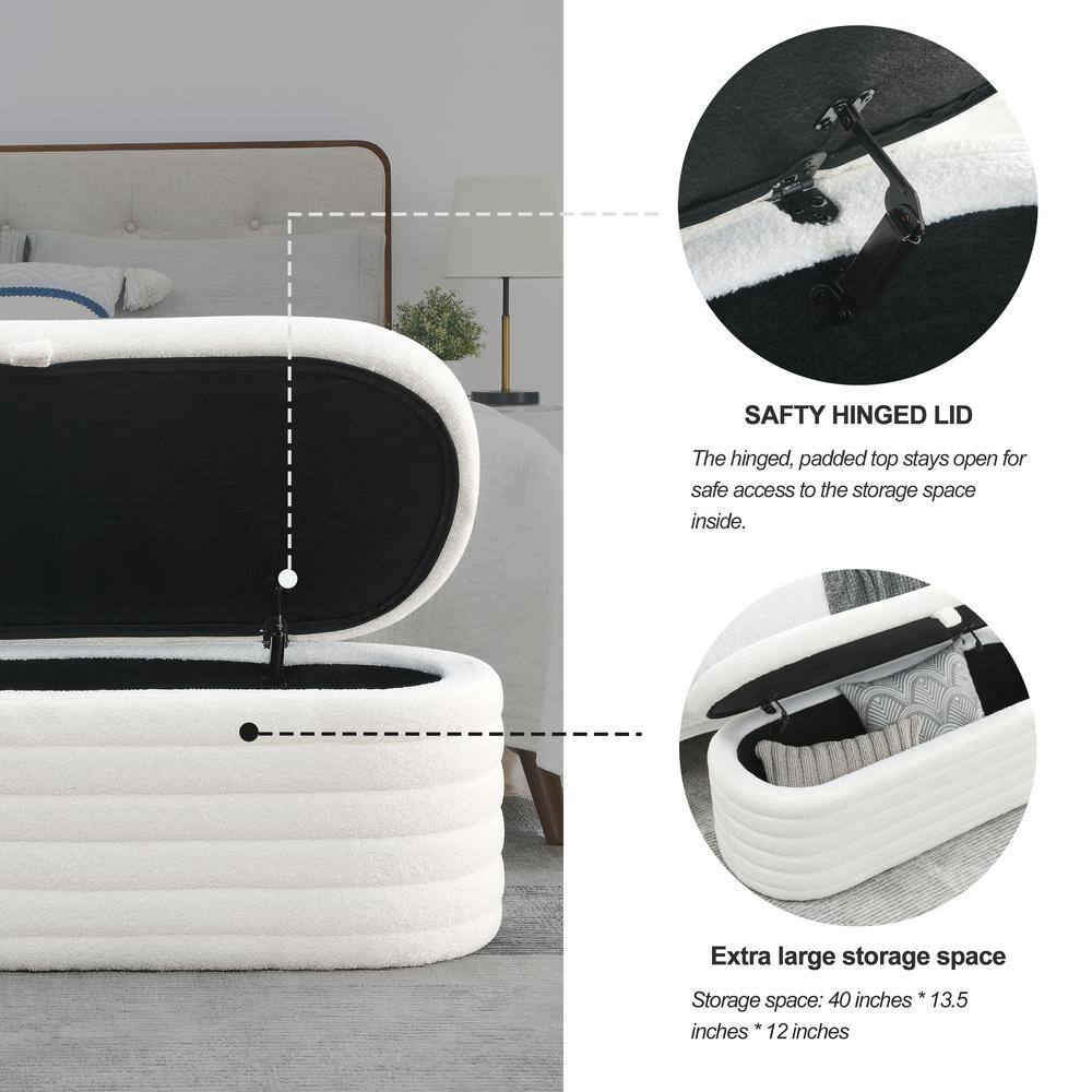 Cream White Upholstered Oval Storage Ottoman Bench