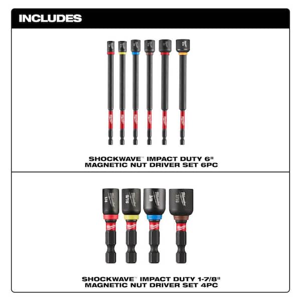 SHOCKWAVE Impact Duty, 6 in. Magnetic Nut Driver Set & 1-7/8 in. Alloy Steel Magnetic Nut Driver Set (10-Piece)